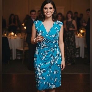 Chaps blue floral faux-wrap dress capped sleeveless with ruched side details